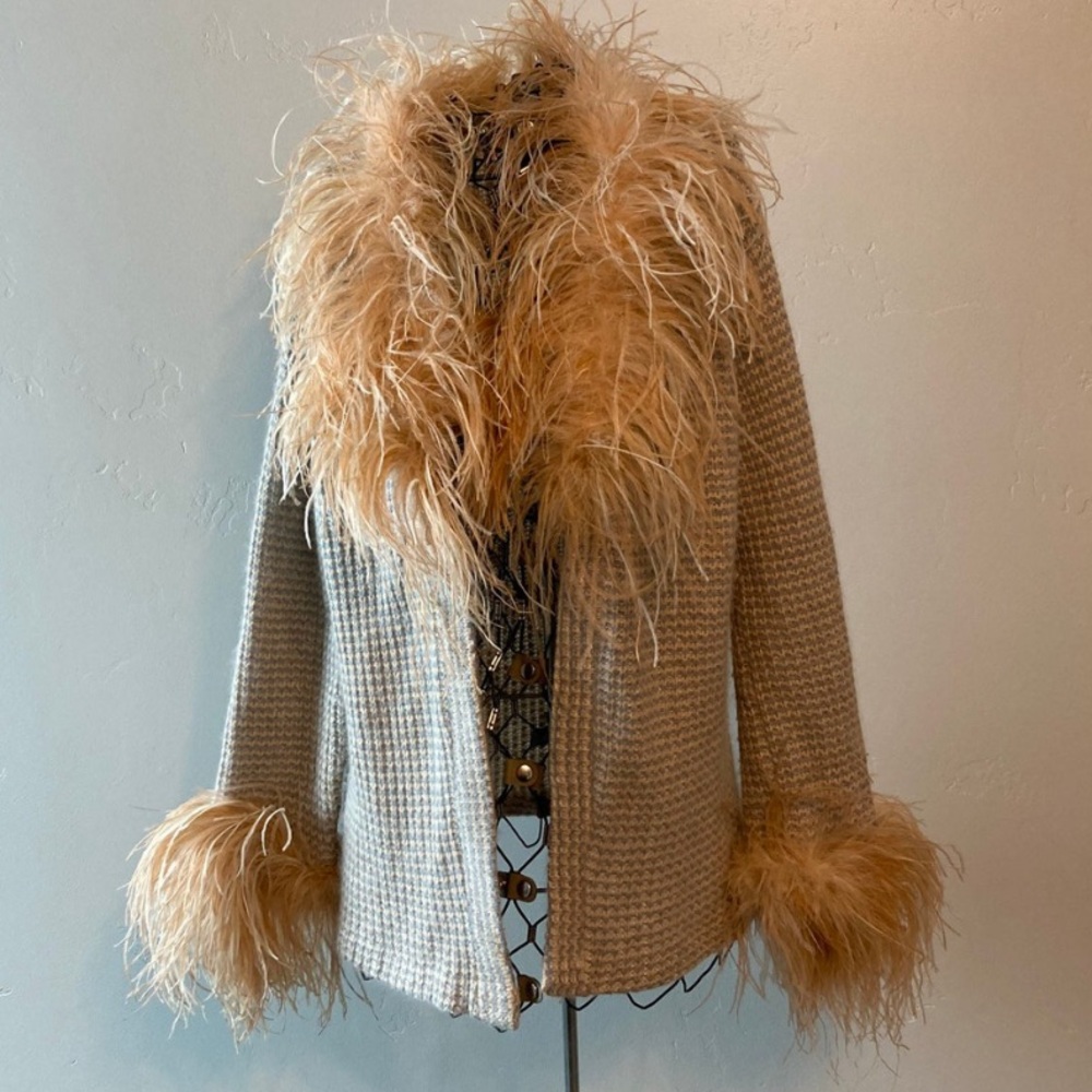Vintage Feather Trimmed Wool Cardigan - Small/Medium